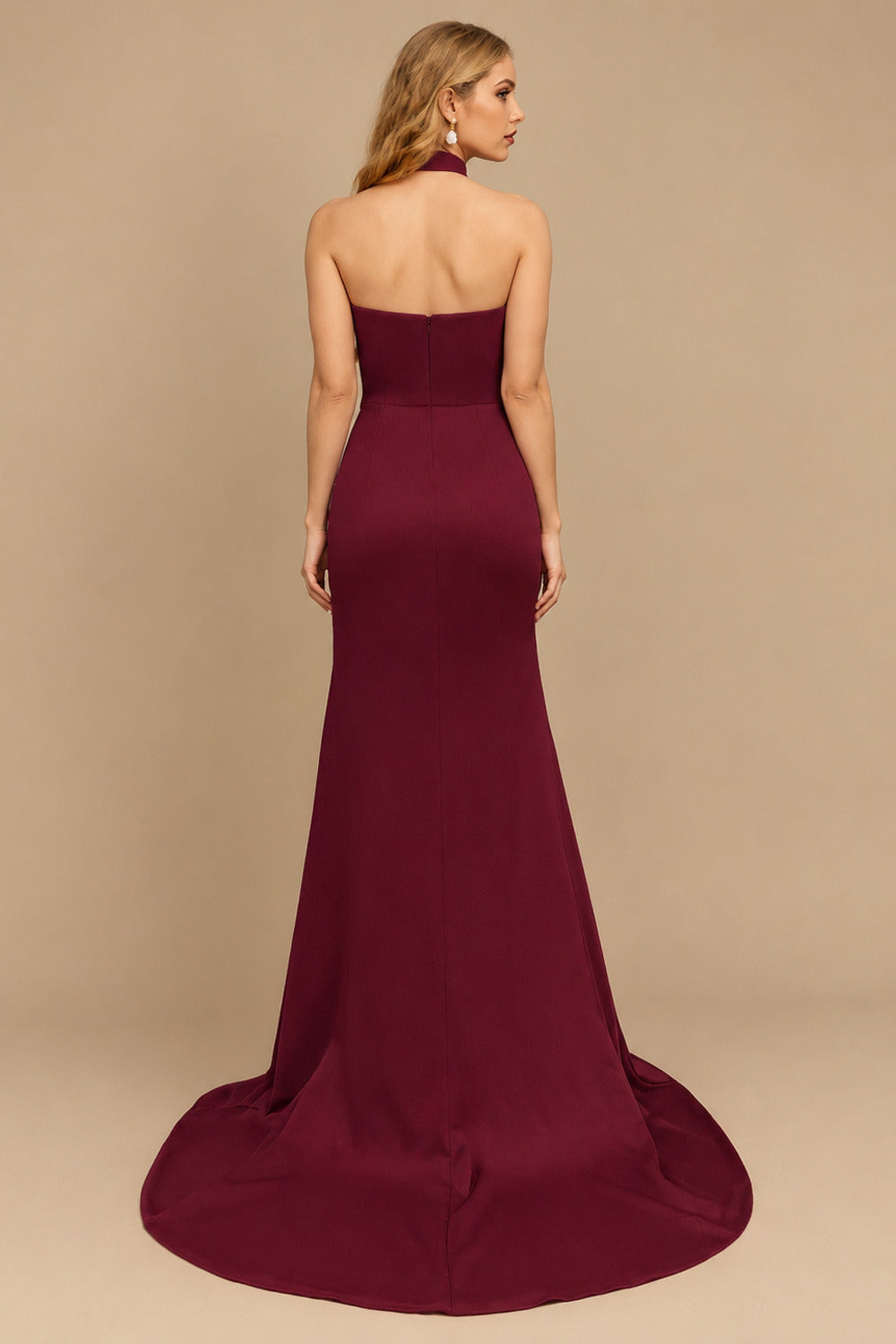Rutipo Burgundy Sheath/Column Halter Charmeuse Prom Dresses With High Split
