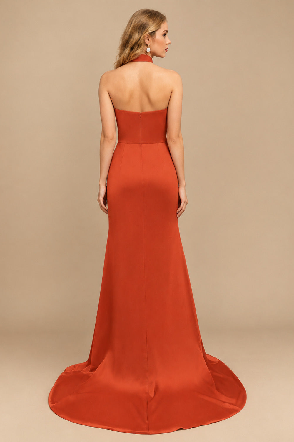 Rutipo Burnt Orange Sheath/Column Halter Charmeuse Prom Dresses With High Split