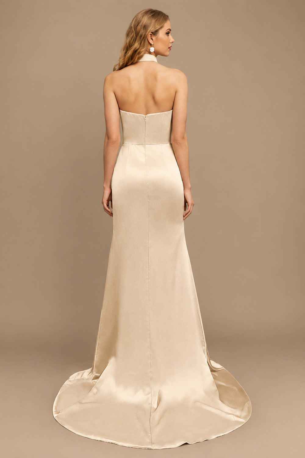 Rutipo Champagne Sheath/Column Halter Charmeuse Prom Dresses With High Split