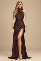 Rutipo Chocolate Sheath/Column Halter Charmeuse Prom Dresses With High Split