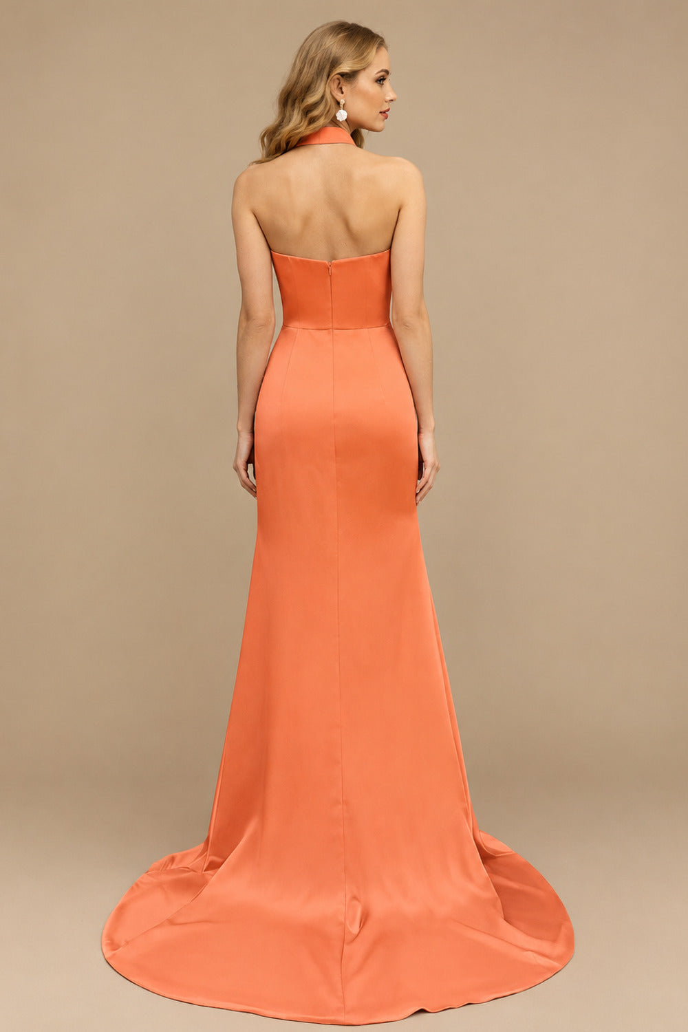 Rutipo Orange Sheath/Column Halter Charmeuse Prom Dresses With High Split