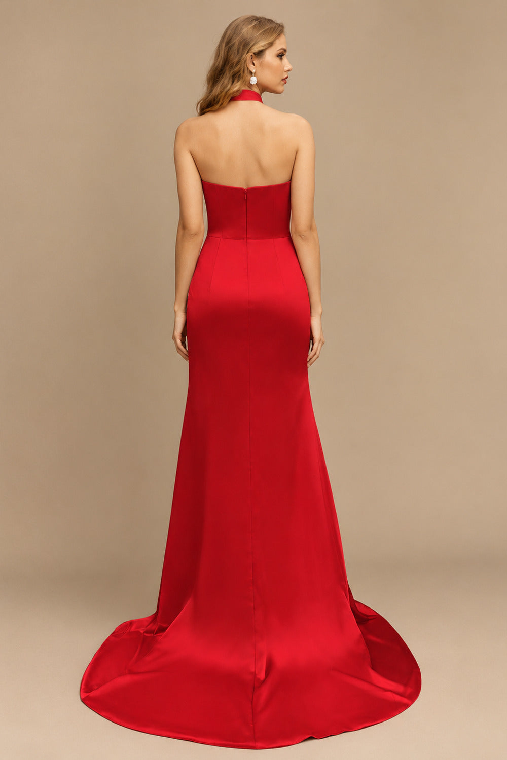 Rutipo Red Sheath/Column Halter Charmeuse Prom Dresses With High Split