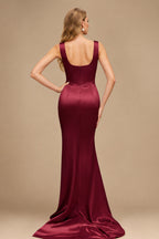 Rutipo Burgundy Flattering Square Neckline Ruched Wasit Prom Dresses With High Slit