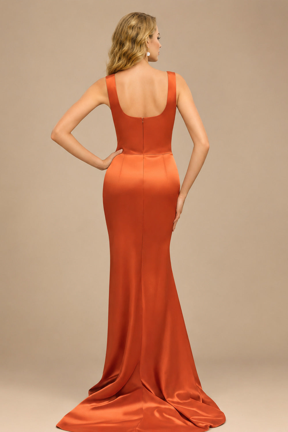 Rutipo Burnt Orange Flattering Square Neckline Ruched Wasit Prom Dresses With High Slit