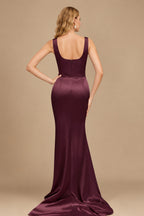 Rutipo Cabernet Flattering Square Neckline Ruched Wasit Prom Dresses With High Slit