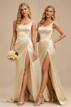 Rutipo Champagne Flattering Square Neckline Ruched Wasit Prom Dresses With High Slit