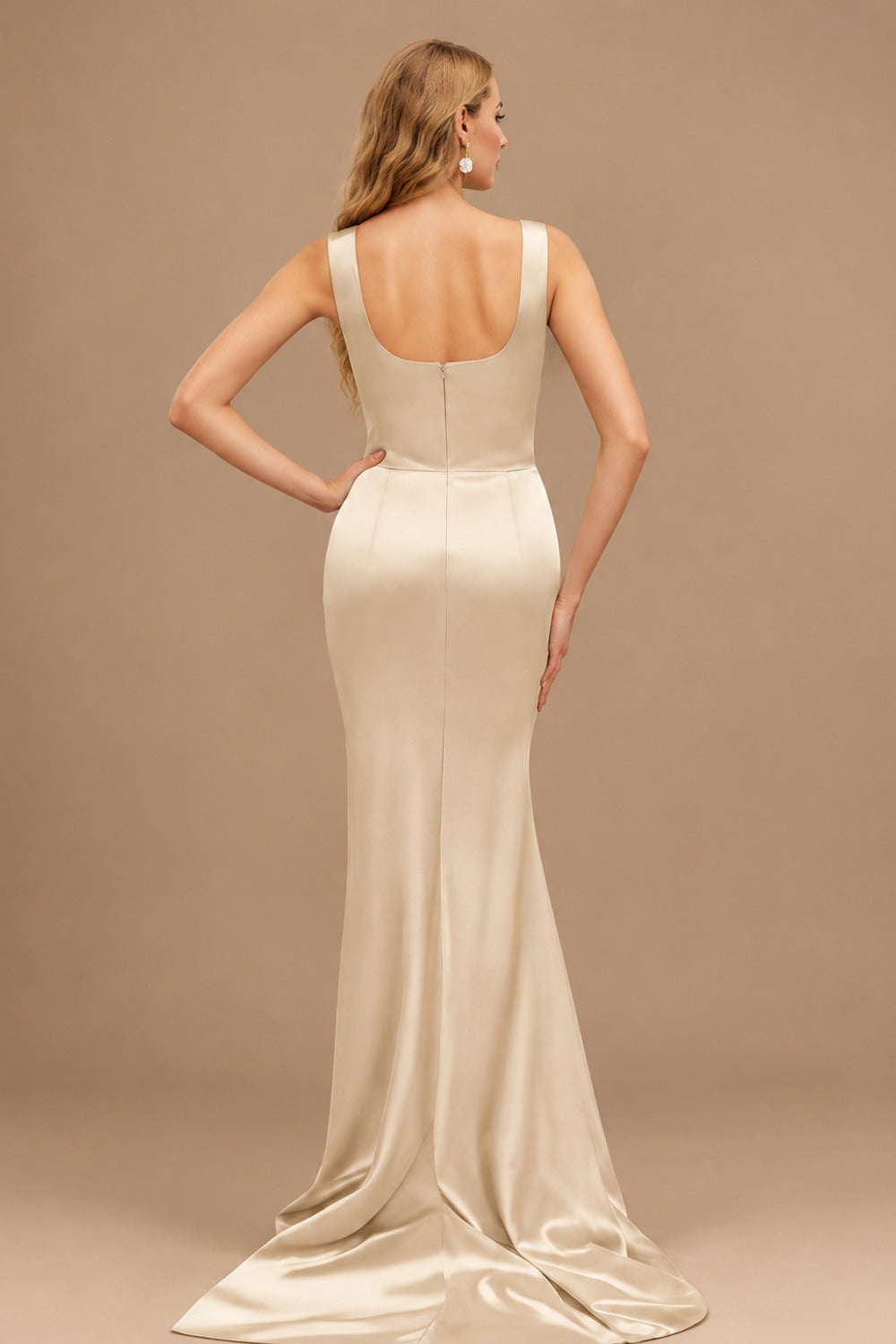 Rutipo Champagne Flattering Square Neckline Ruched Wasit Prom Dresses With High Slit