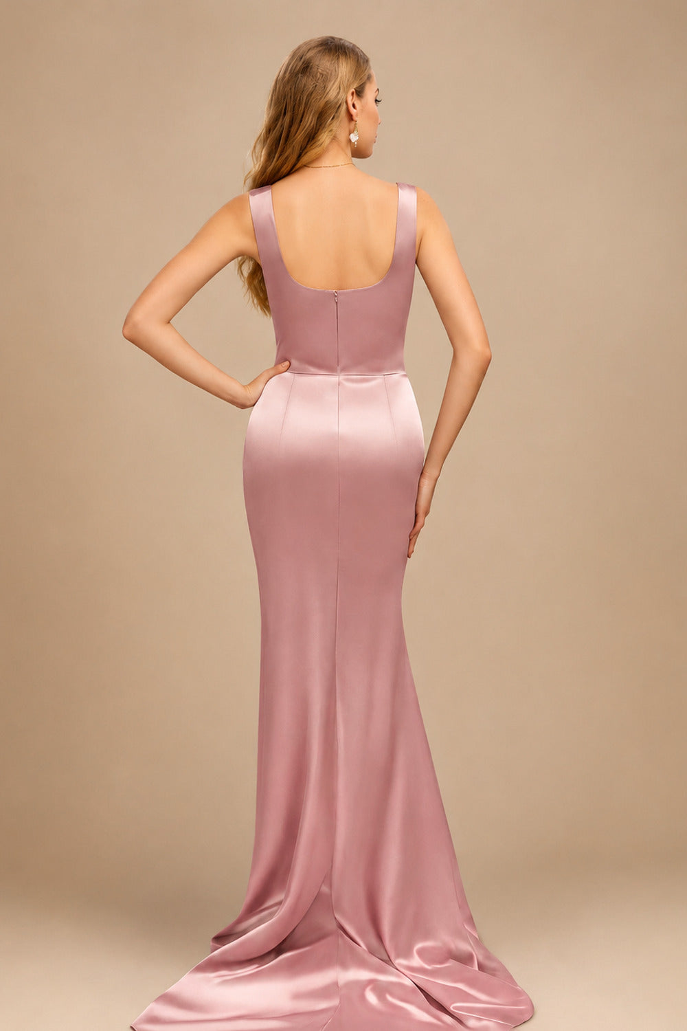Rutipo Dusty Rose Flattering Square Neckline Ruched Wasit Prom Dresses With High Slit