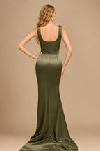 Rutipo Olive Green Flattering Square Neckline Ruched Wasit Prom Dresses With High Slit