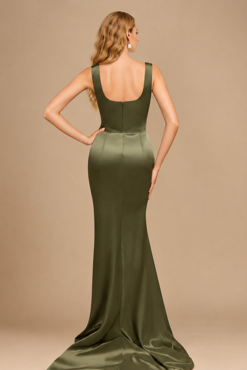 Rutipo Olive Green Flattering Square Neckline Ruched Wasit Prom Dresses With High Slit