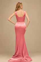Rutipo Watermelon Flattering Square Neckline Ruched Wasit Prom Dresses With High Slit