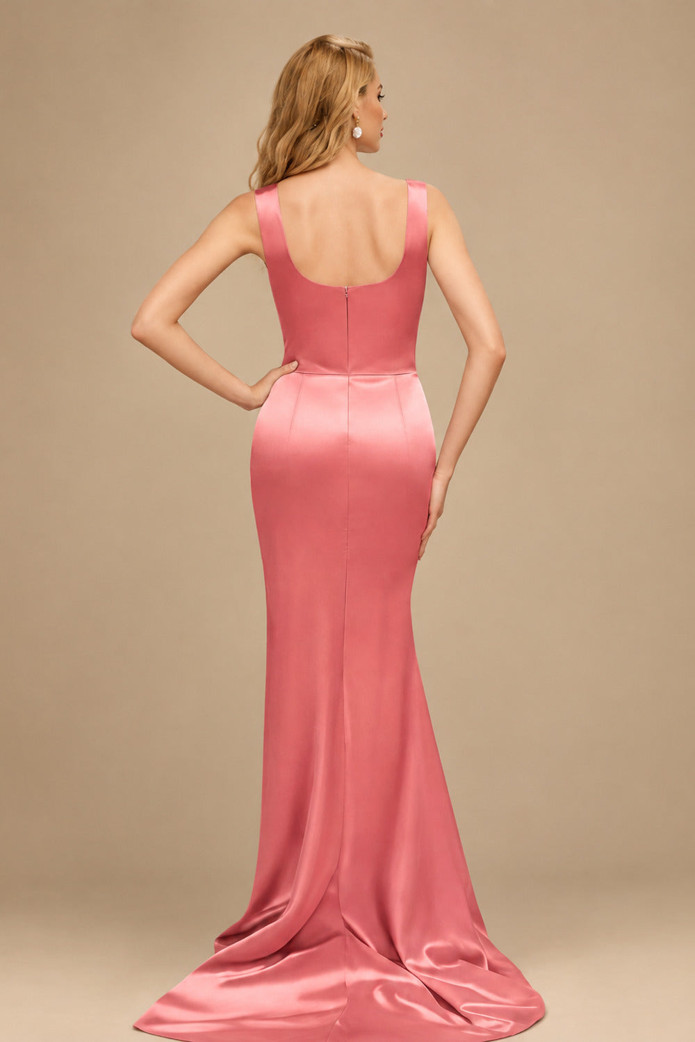 Rutipo Watermelon Flattering Square Neckline Ruched Wasit Prom Dresses With High Slit