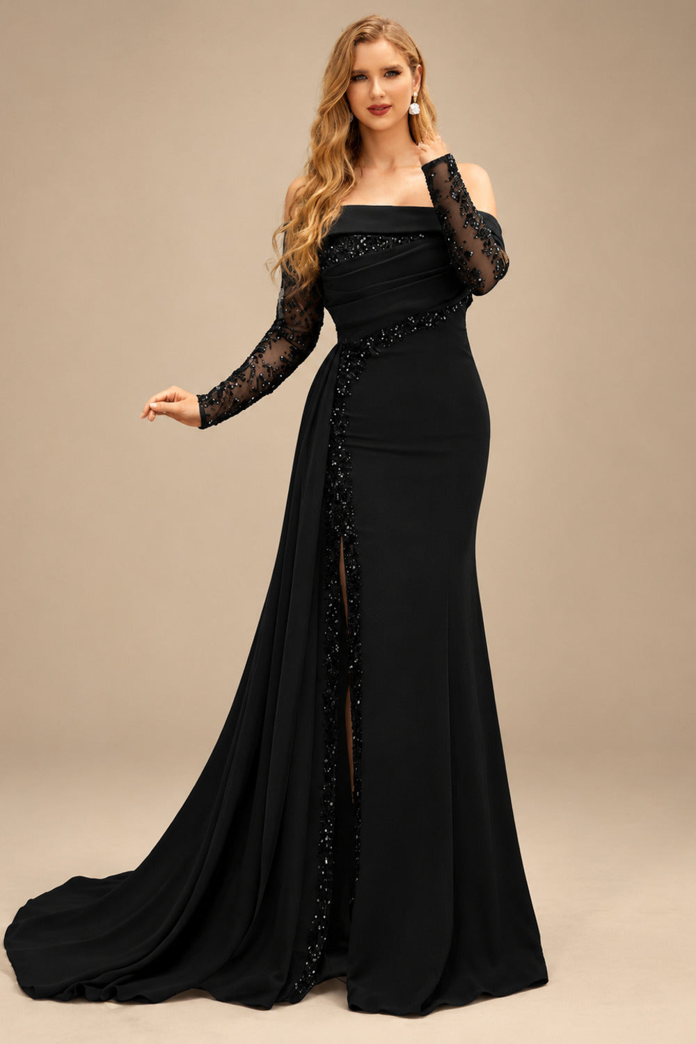 Rutipo Black Long Sleeves Sweep Train Elastic Satin Prom Dresses With Appliques Lace
