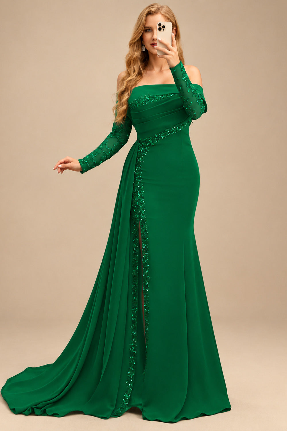 Rutipo Forest Green Long Sleeves Sweep Train Elastic Satin Prom Dresses With Appliques Lace