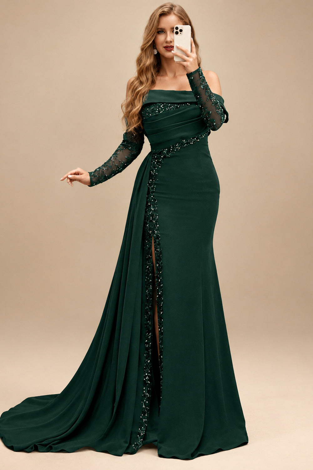 Rutipo Hunter Green Long Sleeves Sweep Train Elastic Satin Prom Dresses With Appliques Lace