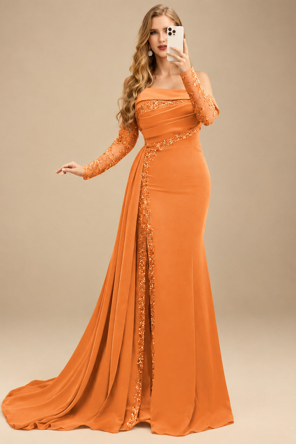 Rutipo Orange Long Sleeves Sweep Train Elastic Satin Prom Dresses With Appliques Lace