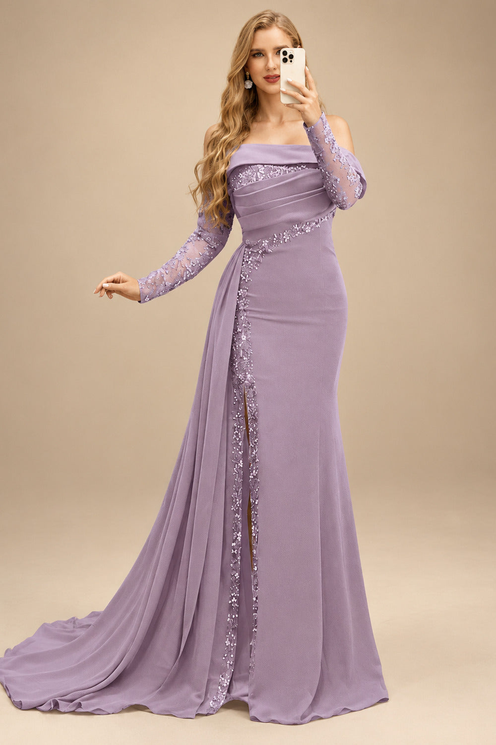 Rutipo Wisteria Long Sleeves Sweep Train Elastic Satin Prom Dresses With Appliques Lace