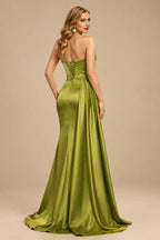 Rutipo As Picture Flattering Ruched High Split Sequin Silk Like Satin Prom Dresses With Sweeping Side Drape