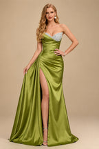 Rutipo As Picture Flattering Ruched High Split Sequin Silk Like Satin Prom Dresses With Sweeping Side Drape