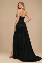 Rutipo Black Flattering Ruched High Split Sequin Silk Like Satin Prom Dresses With Sweeping Side Drape