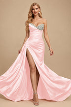 Rutipo Blushing Pink Flattering Ruched High Split Sequin Silk Like Satin Prom Dresses With Sweeping Side Drape