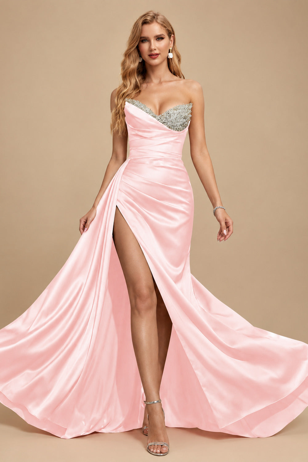 Rutipo Blushing Pink Flattering Ruched High Split Sequin Silk Like Satin Prom Dresses With Sweeping Side Drape