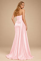 Rutipo Blushing Pink Flattering Ruched High Split Sequin Silk Like Satin Prom Dresses With Sweeping Side Drape