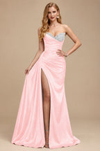 Rutipo Blushing Pink Flattering Ruched High Split Sequin Silk Like Satin Prom Dresses With Sweeping Side Drape