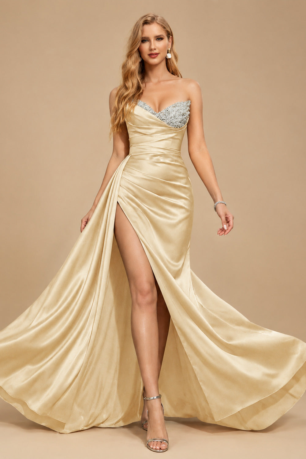 Rutipo Champagne Flattering Ruched High Split Sequin Silk Like Satin Prom Dresses With Sweeping Side Drape