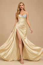 Rutipo Champagne Flattering Ruched High Split Sequin Silk Like Satin Prom Dresses With Sweeping Side Drape