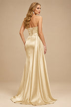 Rutipo Champagne Flattering Ruched High Split Sequin Silk Like Satin Prom Dresses With Sweeping Side Drape