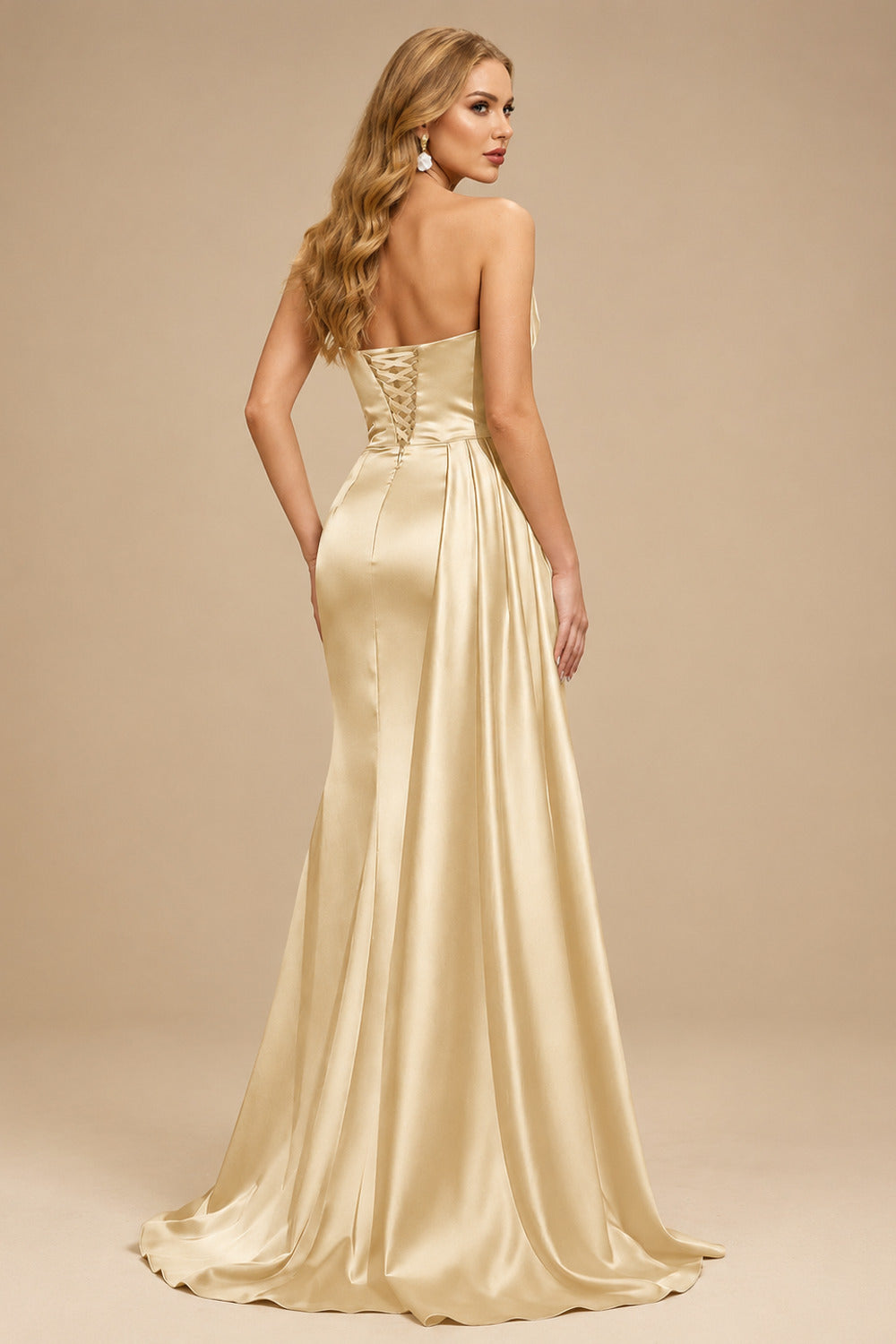 Rutipo Champagne Flattering Ruched High Split Sequin Silk Like Satin Prom Dresses With Sweeping Side Drape
