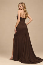 Rutipo Chocolate Flattering Ruched High Split Sequin Silk Like Satin Prom Dresses With Sweeping Side Drape