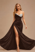 Rutipo Chocolate Flattering Ruched High Split Sequin Silk Like Satin Prom Dresses With Sweeping Side Drape