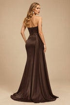 Rutipo Chocolate Flattering Ruched High Split Sequin Silk Like Satin Prom Dresses With Sweeping Side Drape