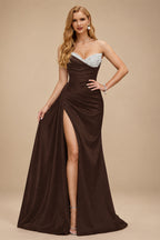 Rutipo Chocolate Flattering Ruched High Split Sequin Silk Like Satin Prom Dresses With Sweeping Side Drape
