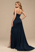 Rutipo Dark Navy Flattering Ruched High Split Sequin Silk Like Satin Prom Dresses With Sweeping Side Drape