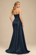 Rutipo Dark Navy Flattering Ruched High Split Sequin Silk Like Satin Prom Dresses With Sweeping Side Drape