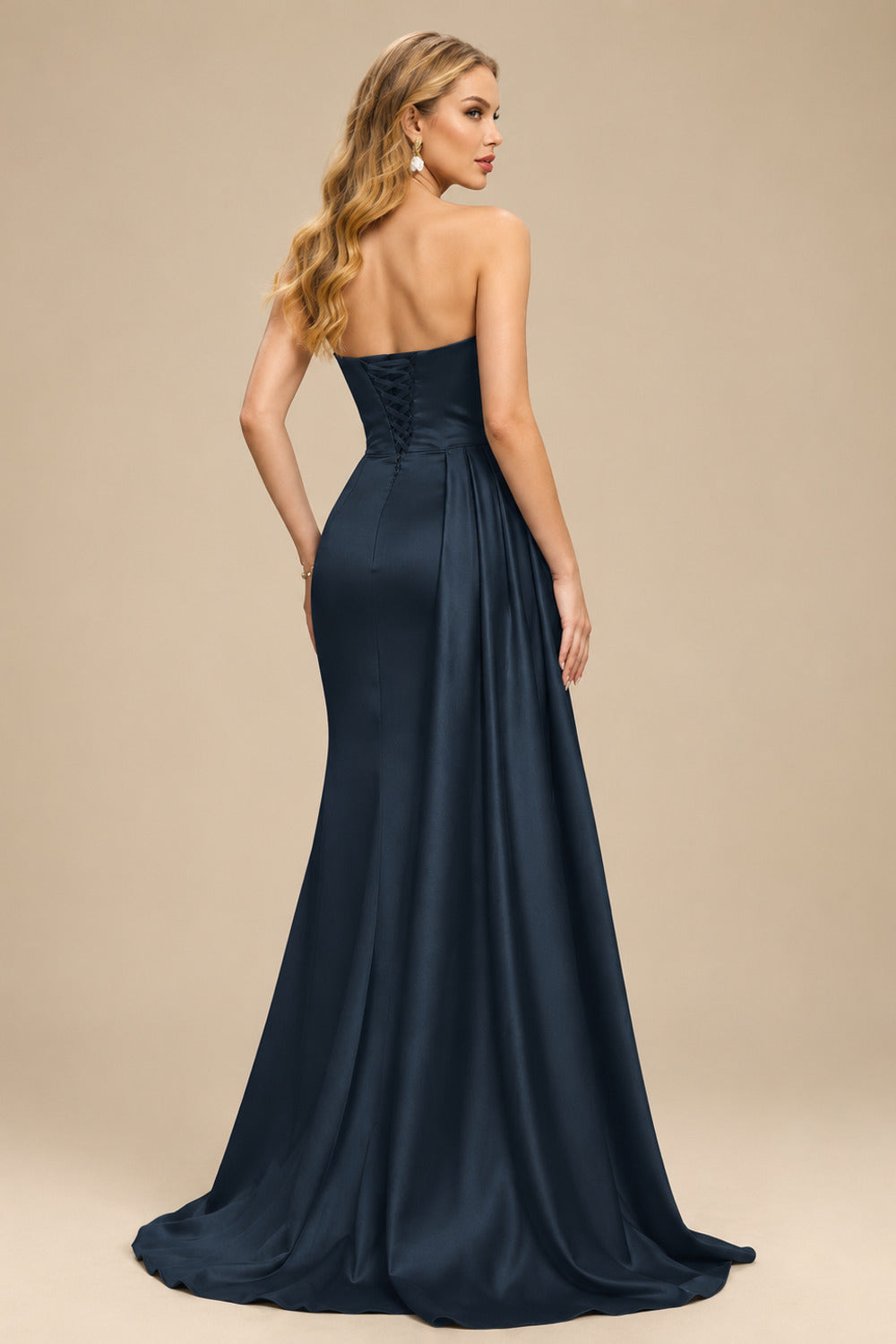 Rutipo Dark Navy Flattering Ruched High Split Sequin Silk Like Satin Prom Dresses With Sweeping Side Drape