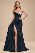 Rutipo Dark Navy Flattering Ruched High Split Sequin Silk Like Satin Prom Dresses With Sweeping Side Drape