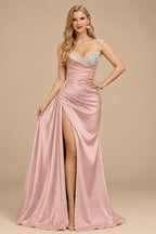 Rutipo Dusty Rose Flattering Ruched High Split Sequin Silk Like Satin Prom Dresses With Sweeping Side Drape