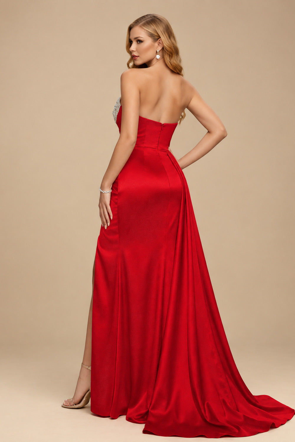 Rutipo Red Flattering Ruched High Split Sequin Silk Like Satin Prom Dresses With Sweeping Side Drape