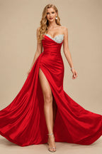 Rutipo Red Flattering Ruched High Split Sequin Silk Like Satin Prom Dresses With Sweeping Side Drape