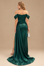 Rutipo As Picture Elegant Ruched Cold Shoulder Silk Like Satin High Slit Prom Dresses With Sweeping Side Drape