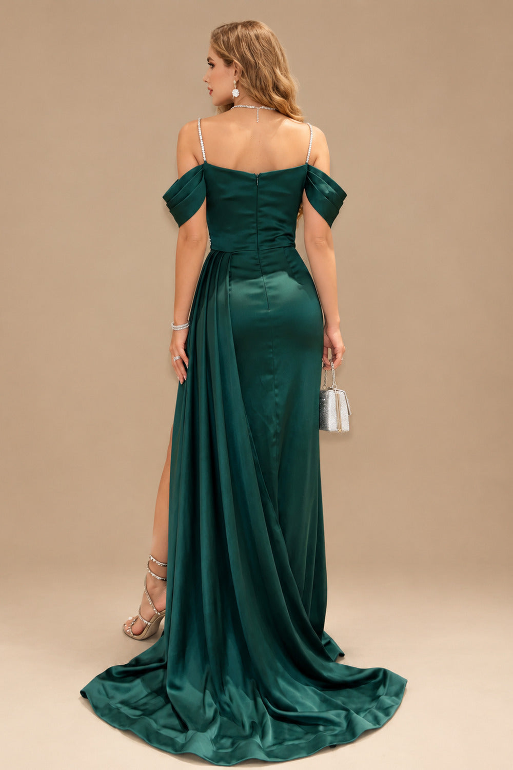 Rutipo As Picture Elegant Ruched Cold Shoulder Silk Like Satin High Slit Prom Dresses With Sweeping Side Drape