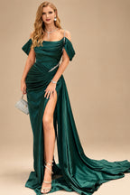 Rutipo As Picture Elegant Ruched Cold Shoulder Silk Like Satin High Slit Prom Dresses With Sweeping Side Drape