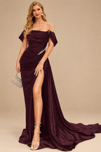 Rutipo Cabernet Elegant Ruched Cold Shoulder Silk Like Satin High Slit Prom Dresses With Sweeping Side Drape