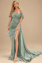 Rutipo Celadon Elegant Ruched Cold Shoulder Silk Like Satin High Slit Prom Dresses With Sweeping Side Drape