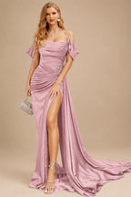 Rutipo Dusty Rose Elegant Ruched Cold Shoulder Silk Like Satin High Slit Prom Dresses With Sweeping Side Drape