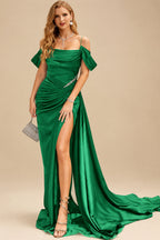 Rutipo Forest Green Elegant Ruched Cold Shoulder Silk Like Satin High Slit Prom Dresses With Sweeping Side Drape